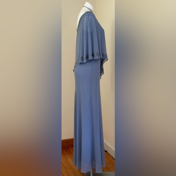 J Kara NWTS Overlay Asymmetrical Maxi Evening Dress Dusty Blue Sheer Bea… - Picture 7 of 16